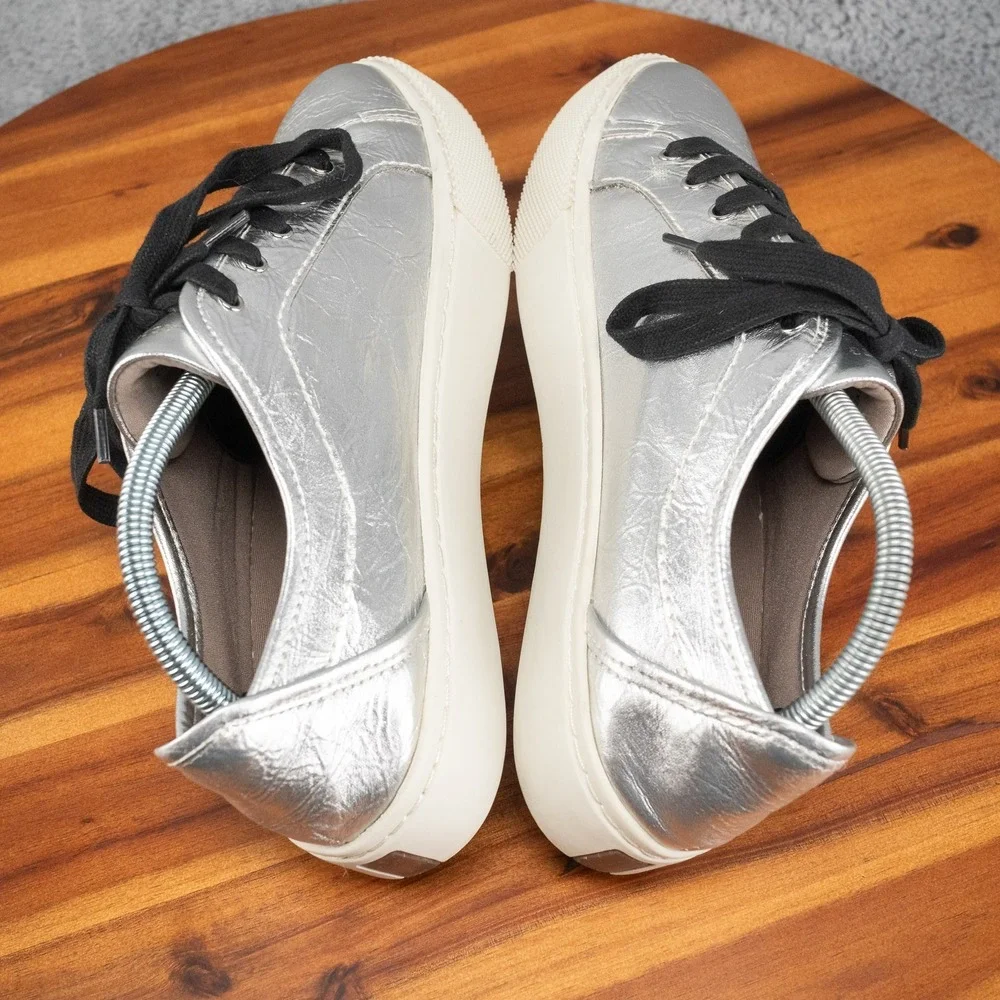 ALLSAINTS Shana Metallic Silver Low Top Shoes Trainers Sneaker Sz 10 Lace Up